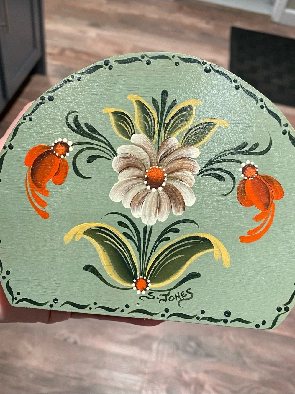 Hand-Painted Folk Art Green Floral Napkin Holder by S. Jones